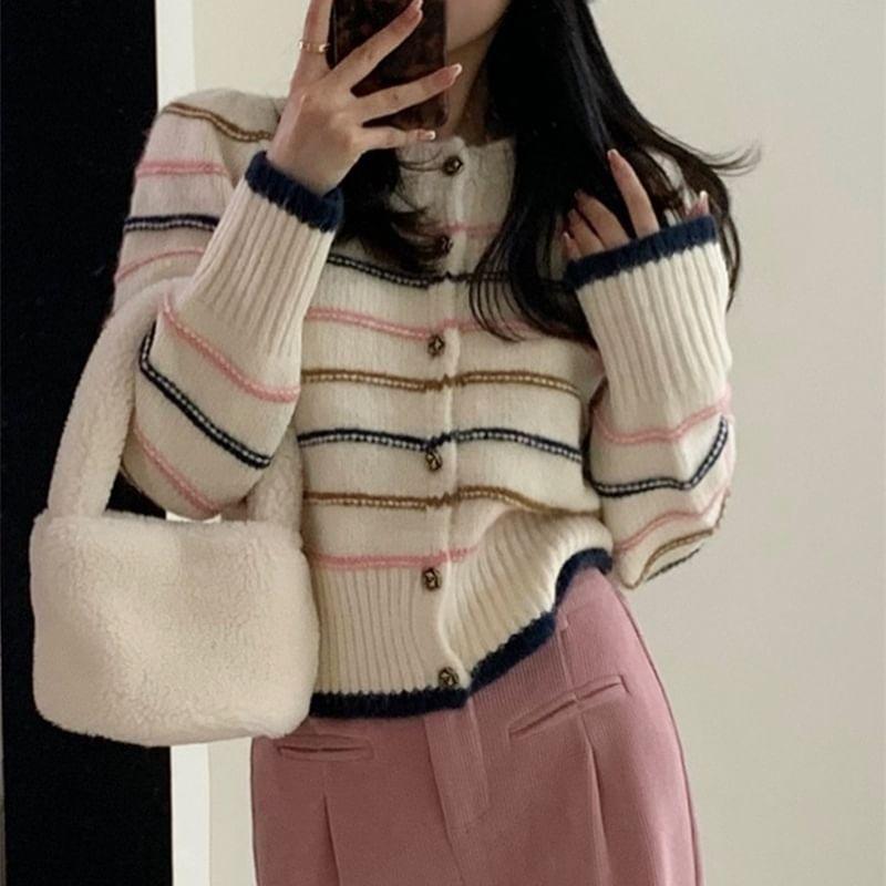 Long Sleeve Color-Block Striped Loose-Fit Cardigan Product Image