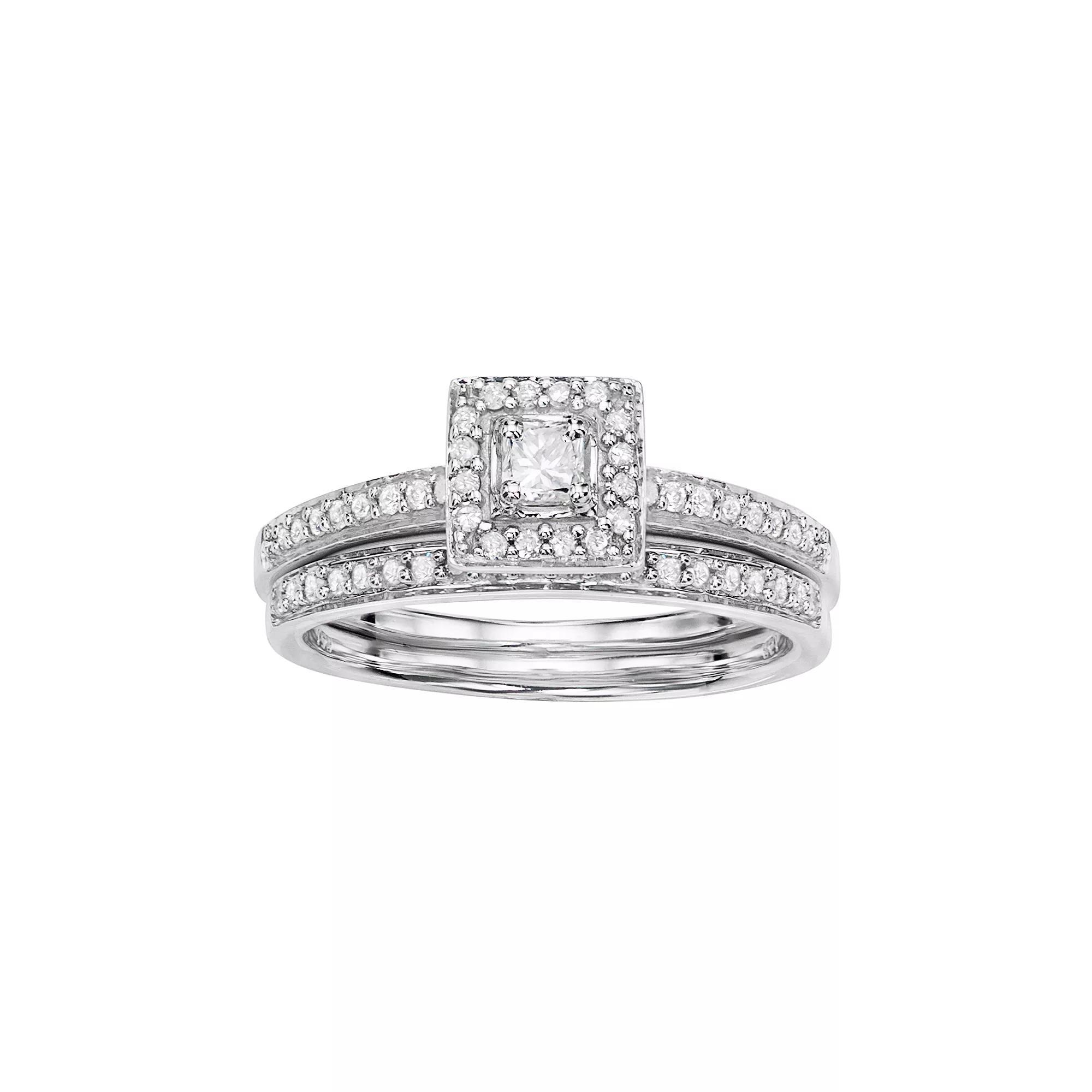 10k White Gold 1/2 Carat T.W. Diamond Square Halo Engagement Ring Set, Women's, Size: 8 Product Image