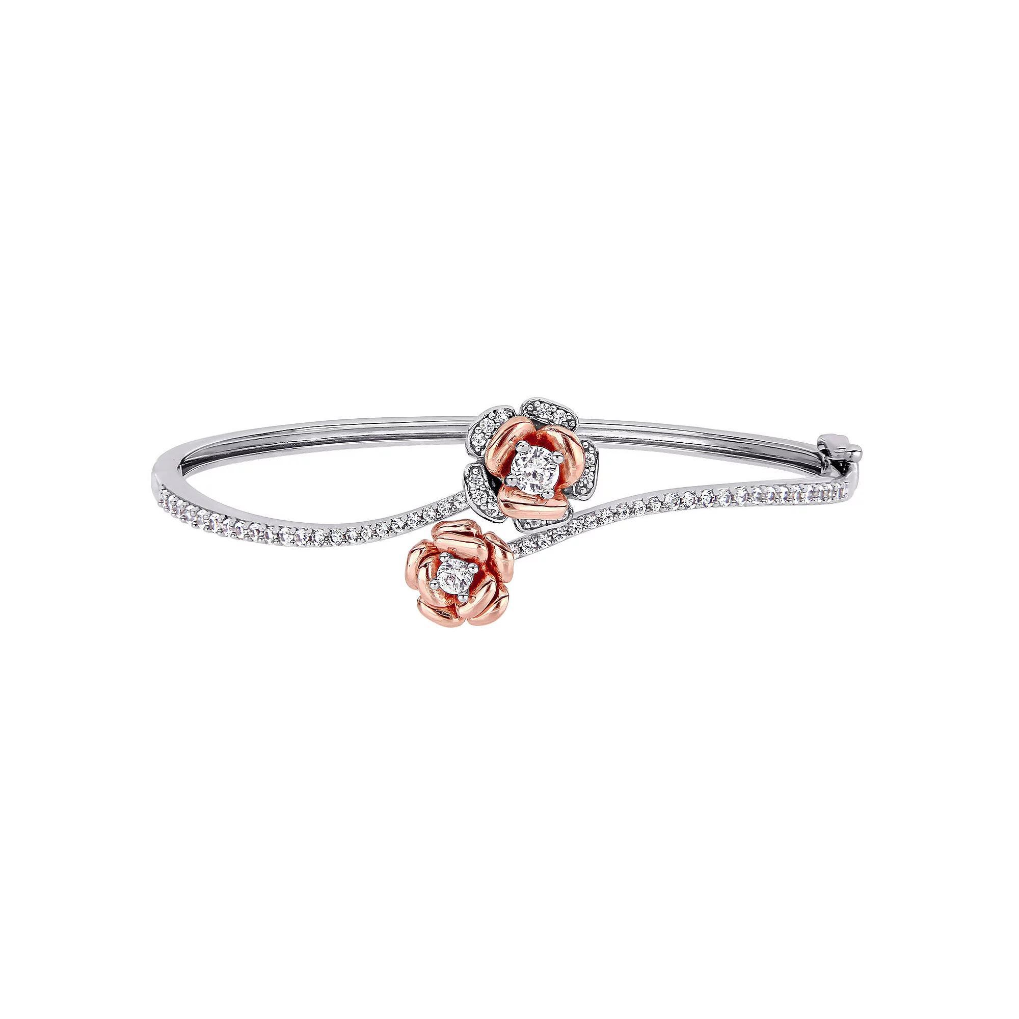Stella Grace Two Tone Sterling Silver Lab-Created White Sapphire Flower Bangle Bracelet, Women's Product Image