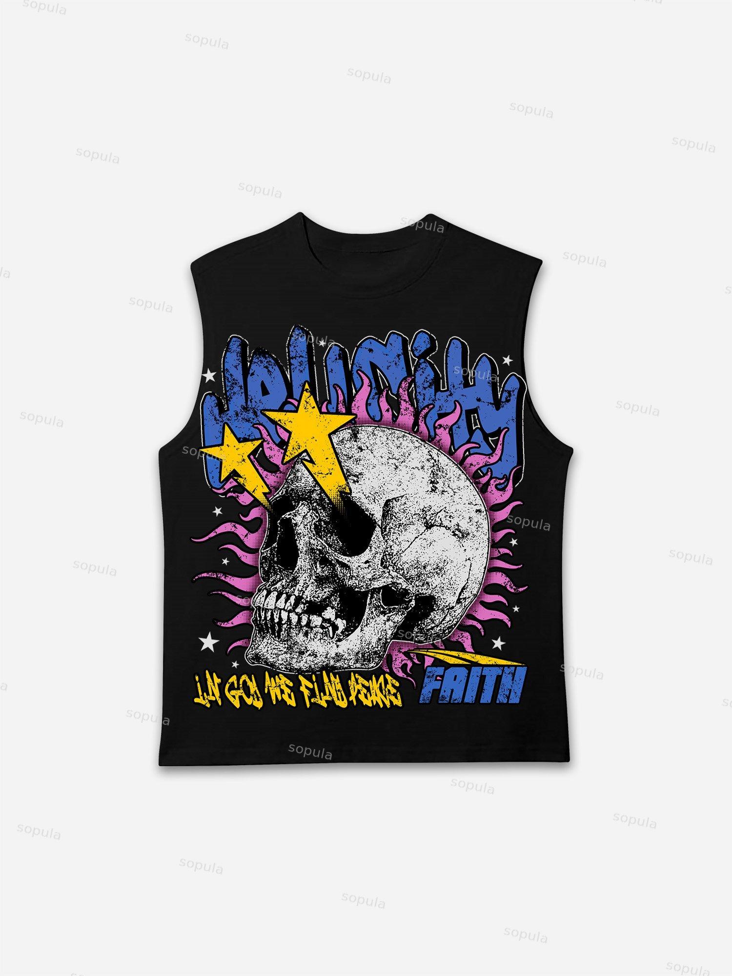 Men's Flame Skull Vintage Graphic Cotton Sleeveless Shirt Tank Top Product Image
