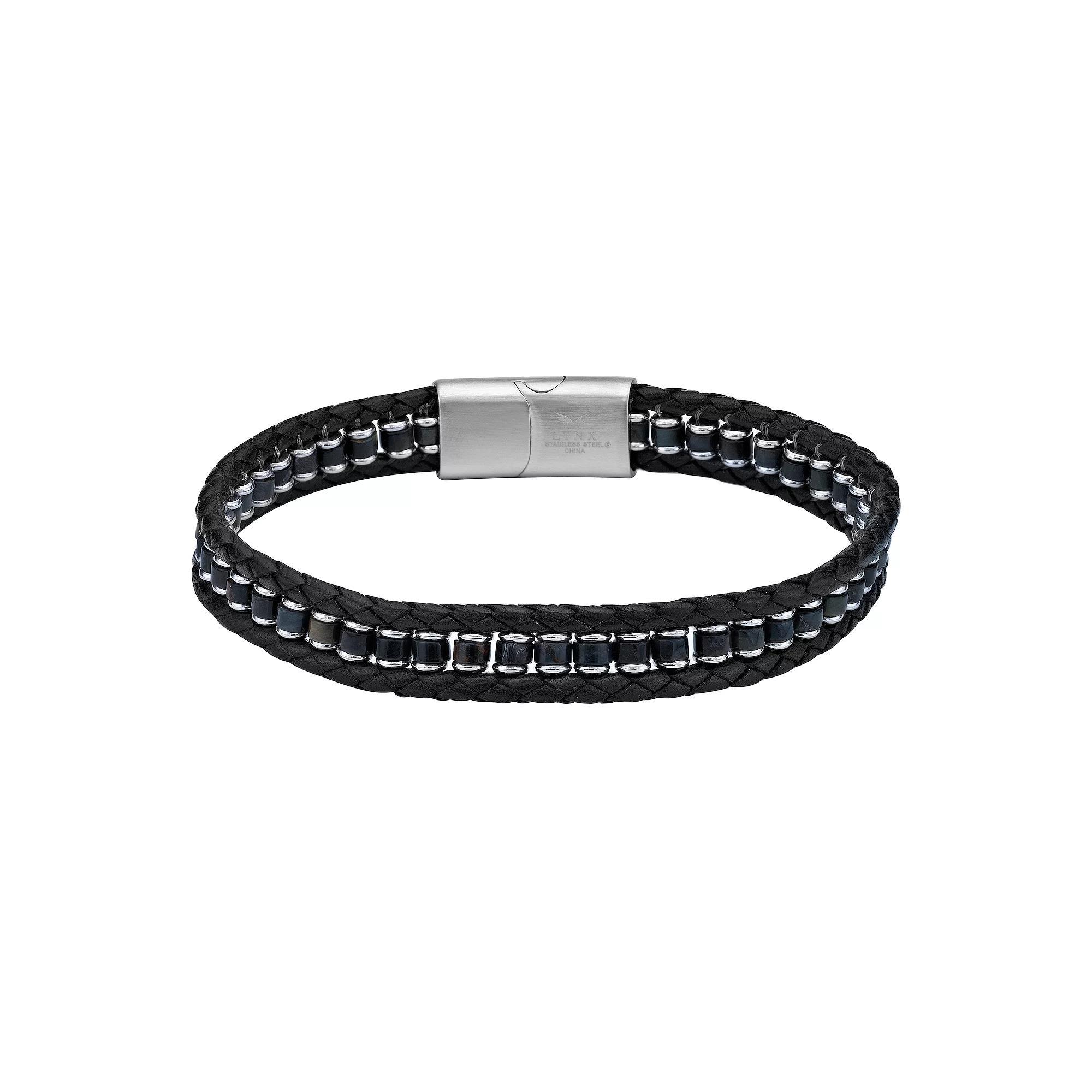 LYNX Men's Stainless Steel Braided Black Leather Bracelet, Size: 8.5" Product Image
