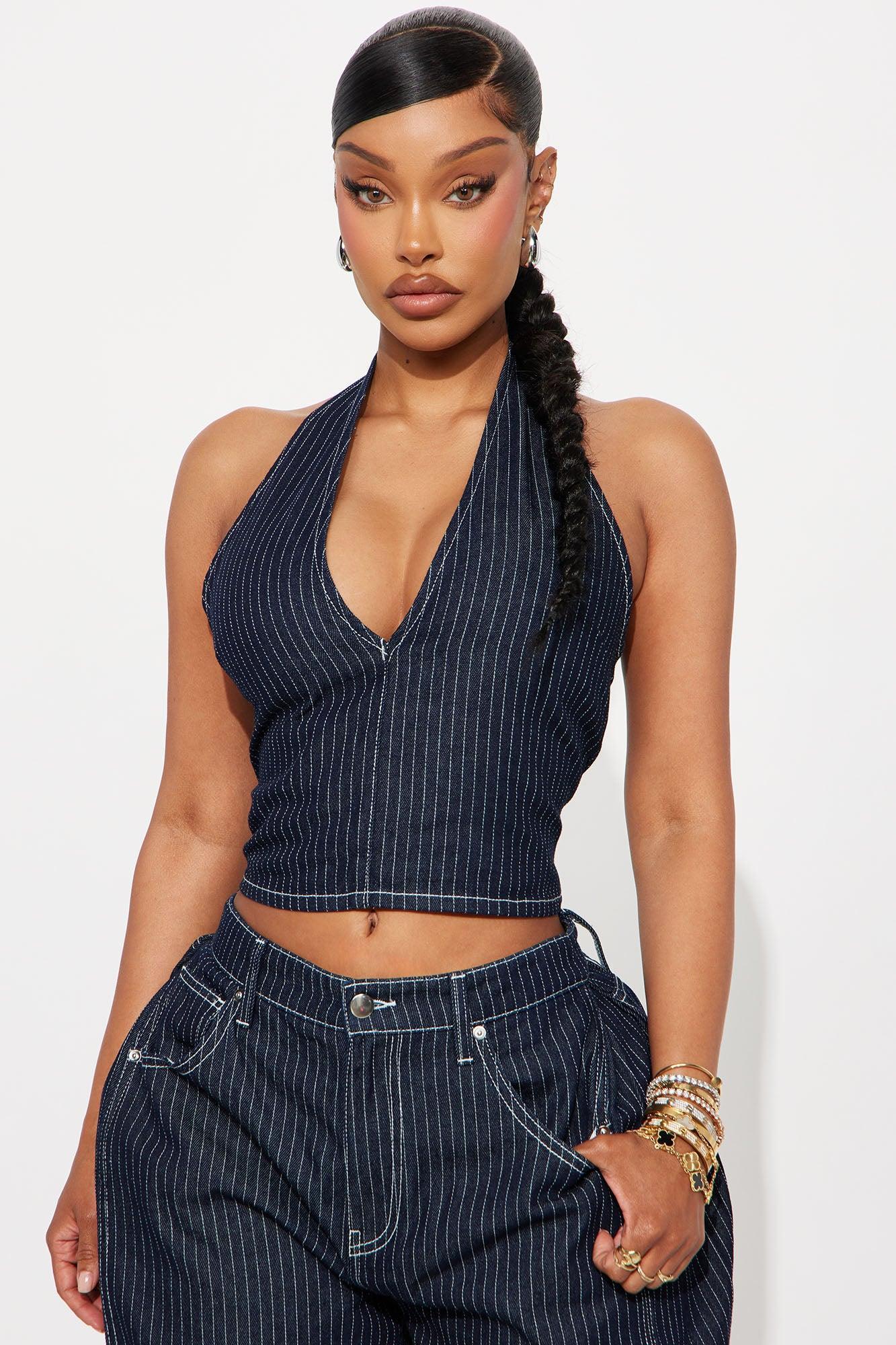 Fine Lines Pinstripe Pant Set - Dark Wash Product Image