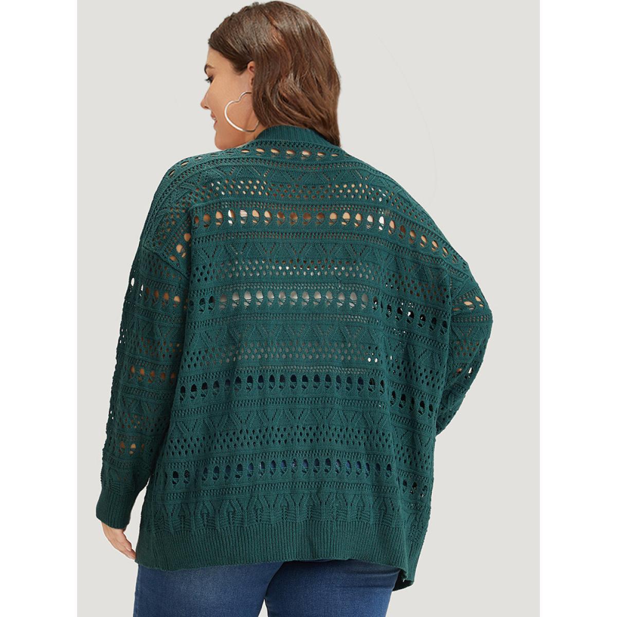 Plus Size Geometric Eyelet Open Front Loose Cardigan Cyan Women Casual Loose Long Sleeve Work Cardigans BloomChic 10/M Product Image