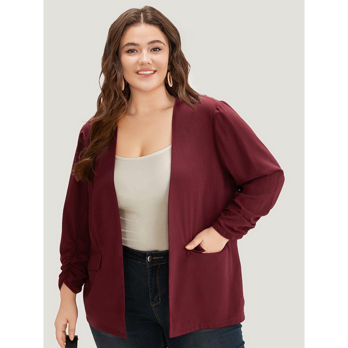 Plus Size Plain Pocket Open Front Gathered Blazer Scarlet Women Work Plain Elastic cuffs Sleeve Long Sleeve Open Front 30/6X Pocket Office Blazers BloomChic Product Image