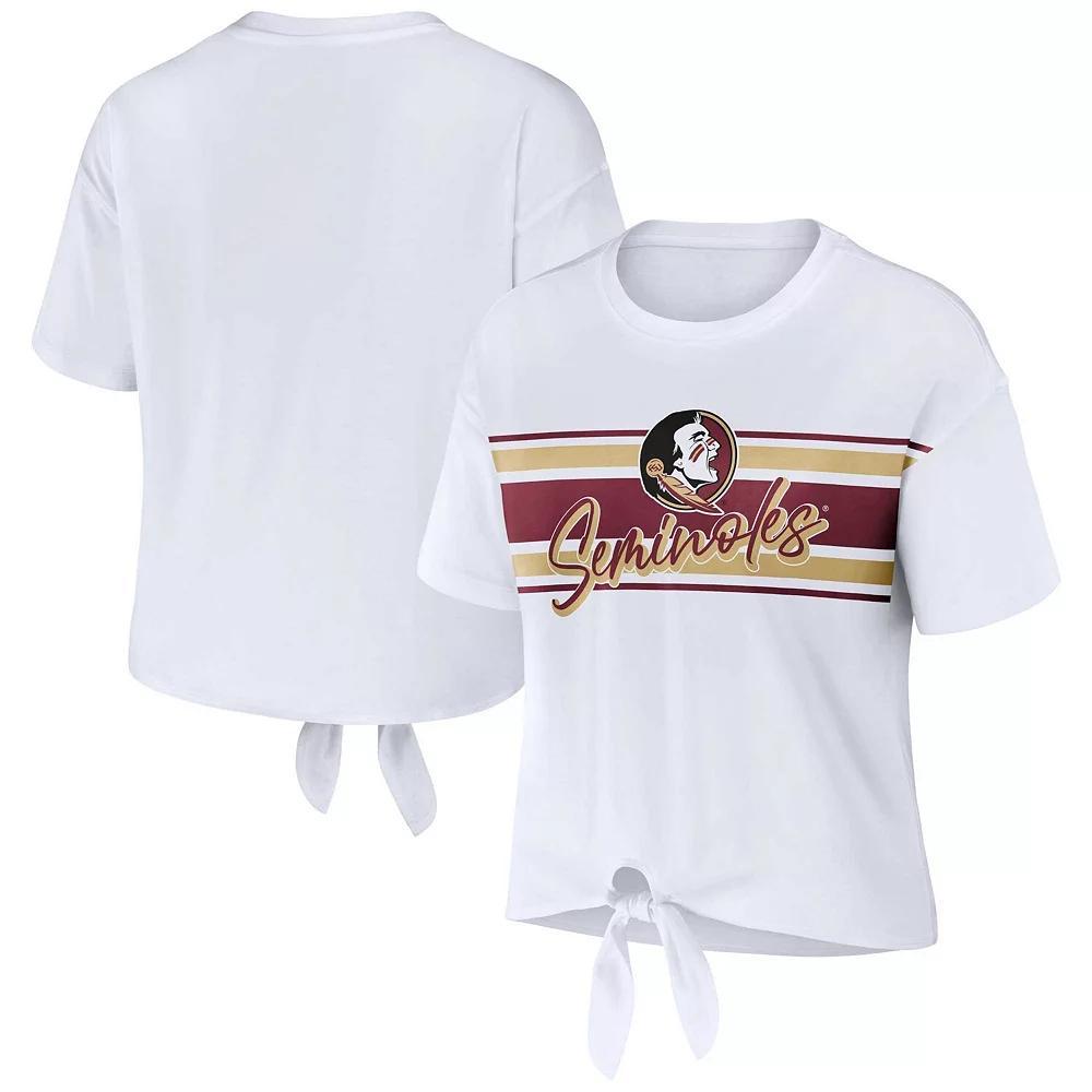 Women's WEAR by Erin Andrews White Florida State Seminoles Striped Front Knot Cropped T-Shirt, Size: Large Product Image