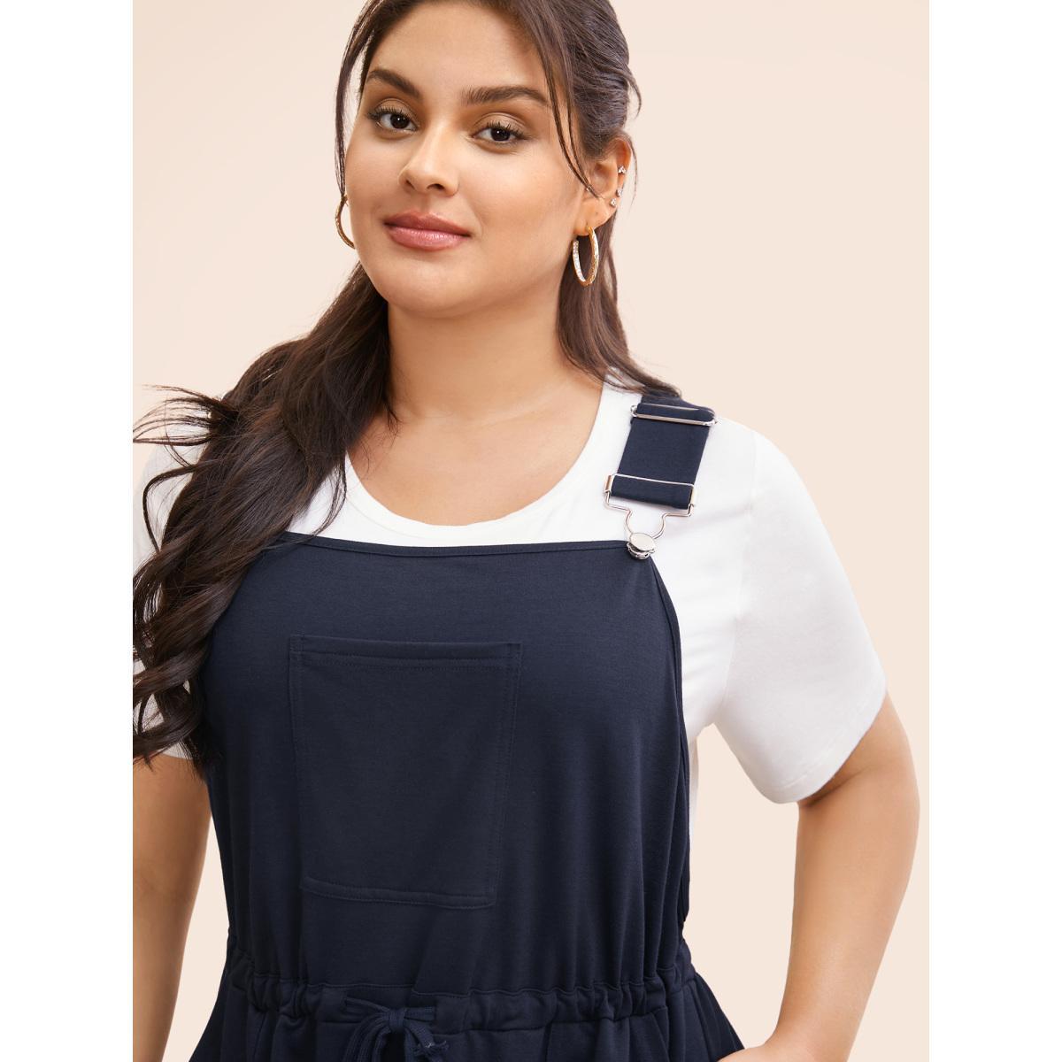 Plus Size Plain Pocket Drawstring Overall Dress Navy Women Casual Non Non Sleeveless Curvy BloomChic 12/L Product Image