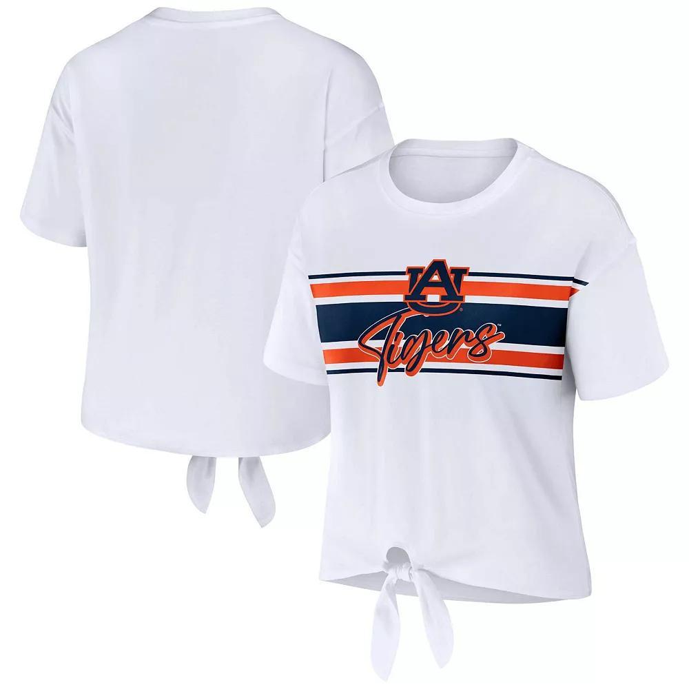 Womens WEAR by Erin Andrews Michigan Wolverines Striped Front Knot Cropped T-Shirt Product Image