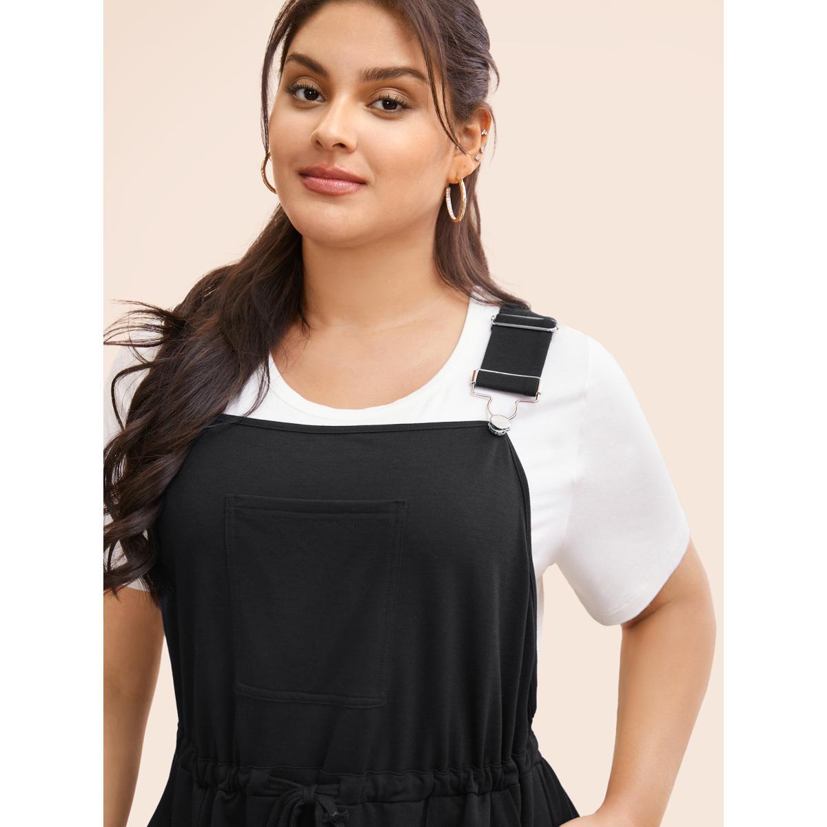 Plus Size Plain Pocket Drawstring Overall Dress Black Women Casual Non Non Sleeveless Curvy BloomChic 22-24/3X Product Image