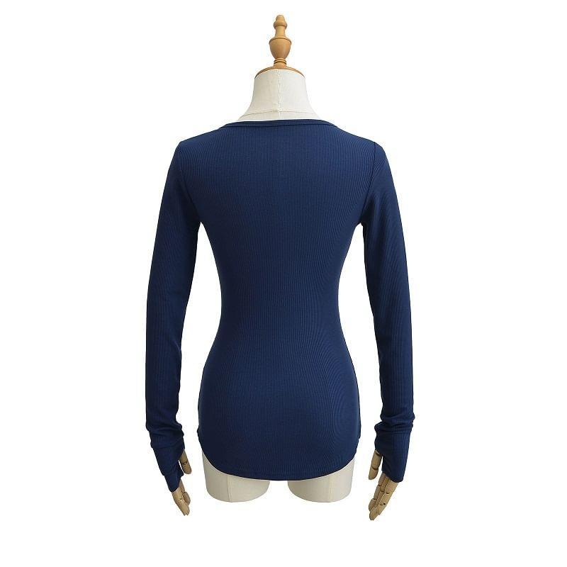 Long-Sleeve V-Neck Henley Ribbed Slim Fit Tee Product Image