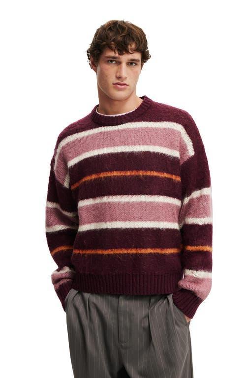 Cotton On Men's Box Fit Fuzzy Crew Knit in Berry Stripe at Nordstrom, Size Large Product Image