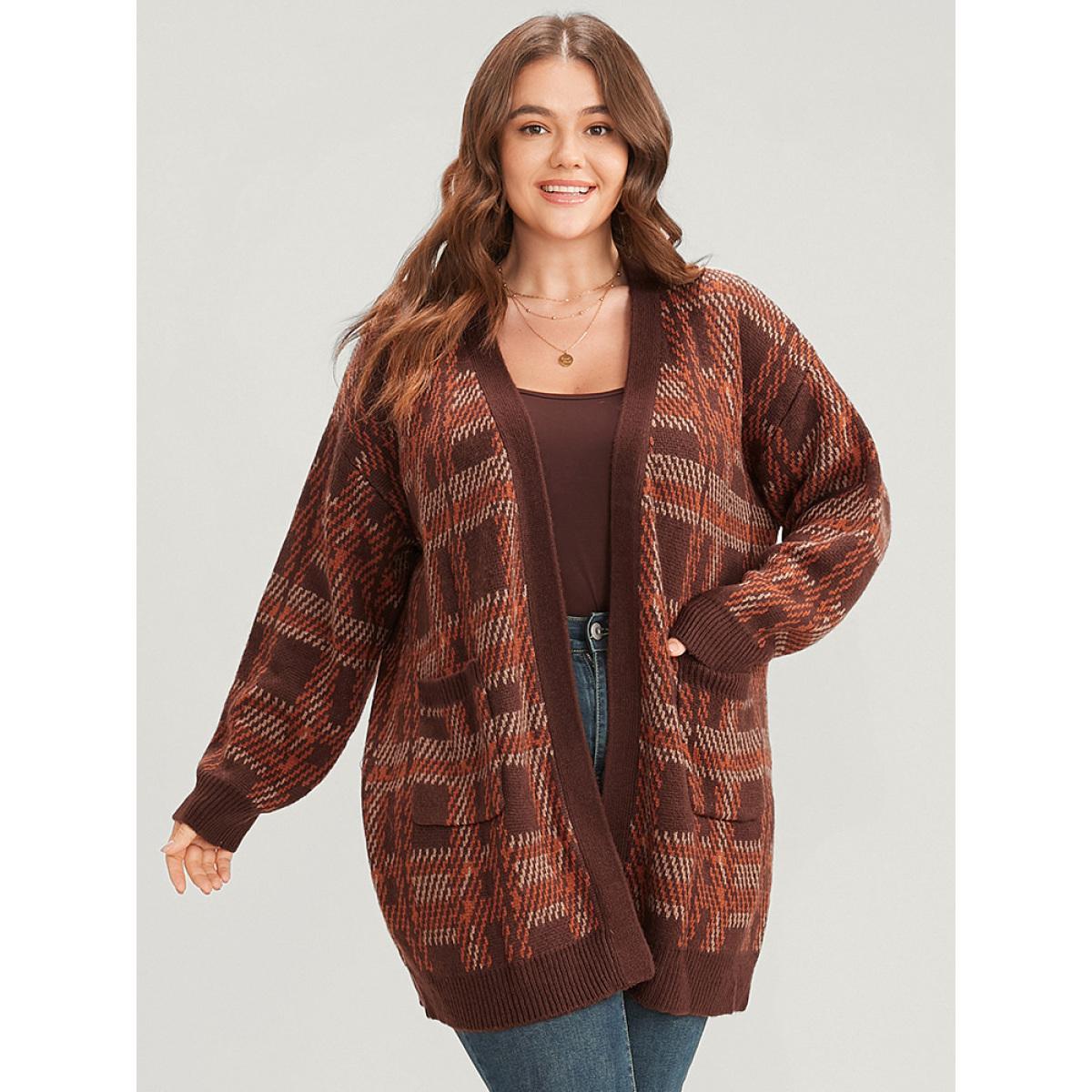 Plus Size Tartan Contrast Pointelle Knit Pocket Open Front Cardigan DarkBrown Women Casual Loose Long Sleeve Dailywear Cardigans BloomChic 28/5X Product Image