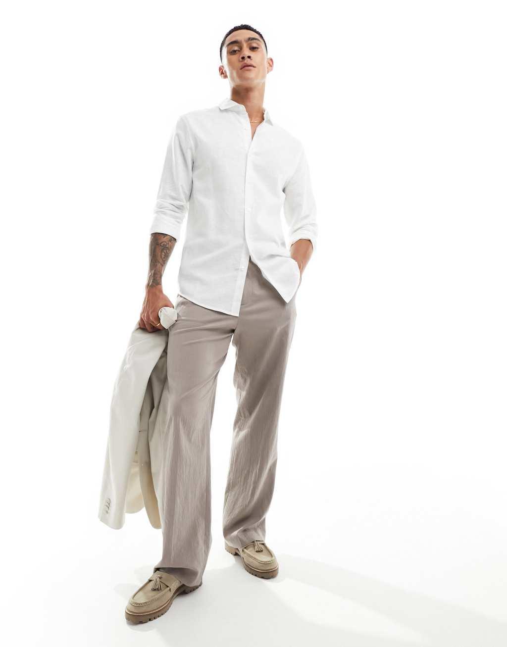 ASOS DESIGN smart linen shirt with cutaway collar in white Product Image