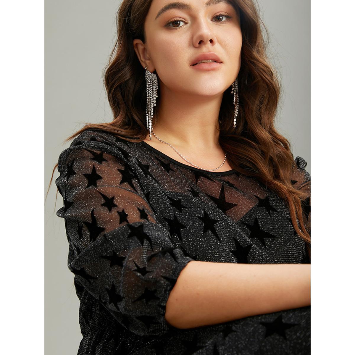 Plus Size Flocking Star Mesh Elastic Waist Dress Black Women Glamour Elastic cuffs Round Neck Elbow-length sleeve Curvy Midi Dress BloomChic 26/4X Product Image