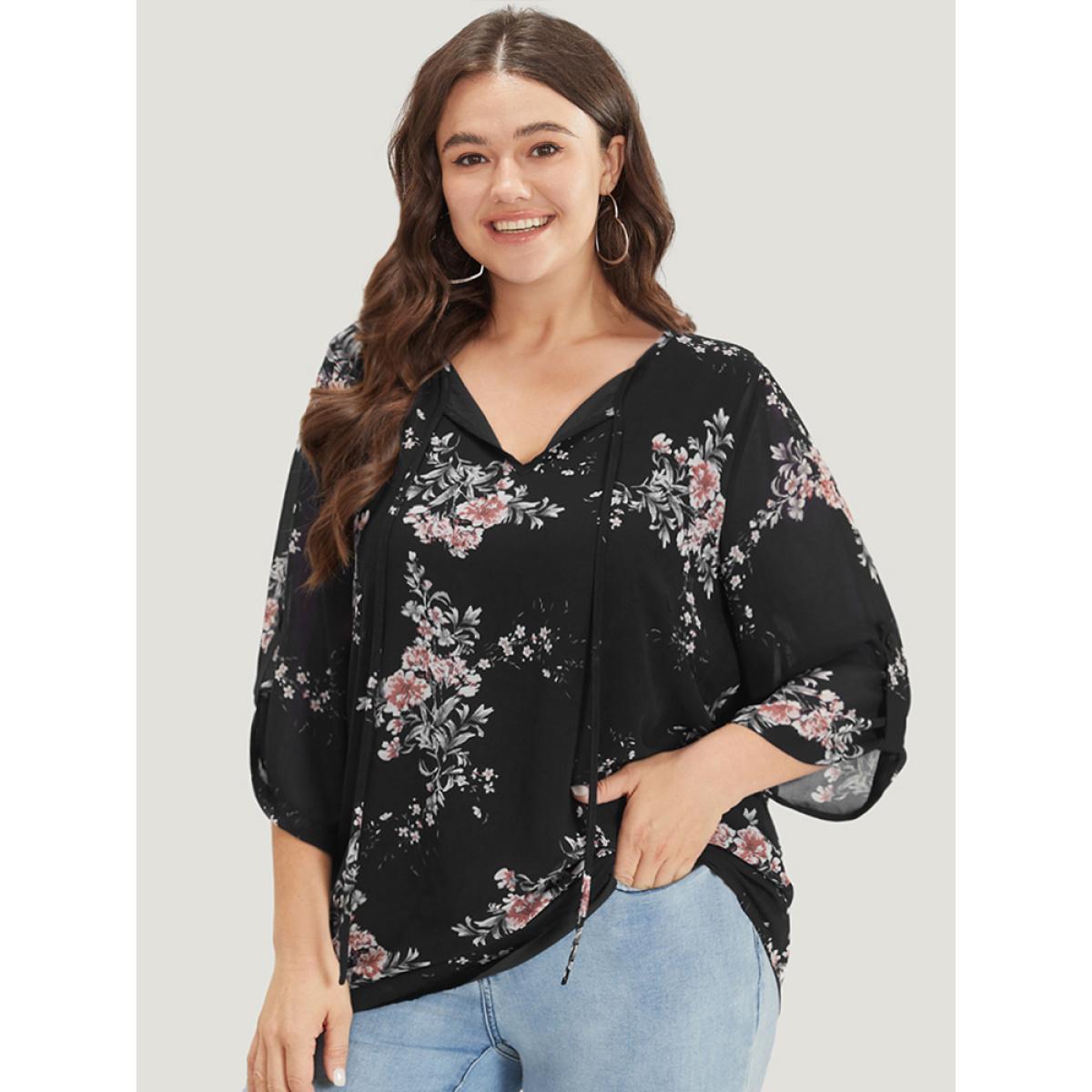 Plus Size Indigo Floral Print Knot Neck Mesh Tab Sleeve Blouse Women Elegant Elbow-length sleeve Tie Neck Dailywear Blouses BloomChic 26/4X Product Image