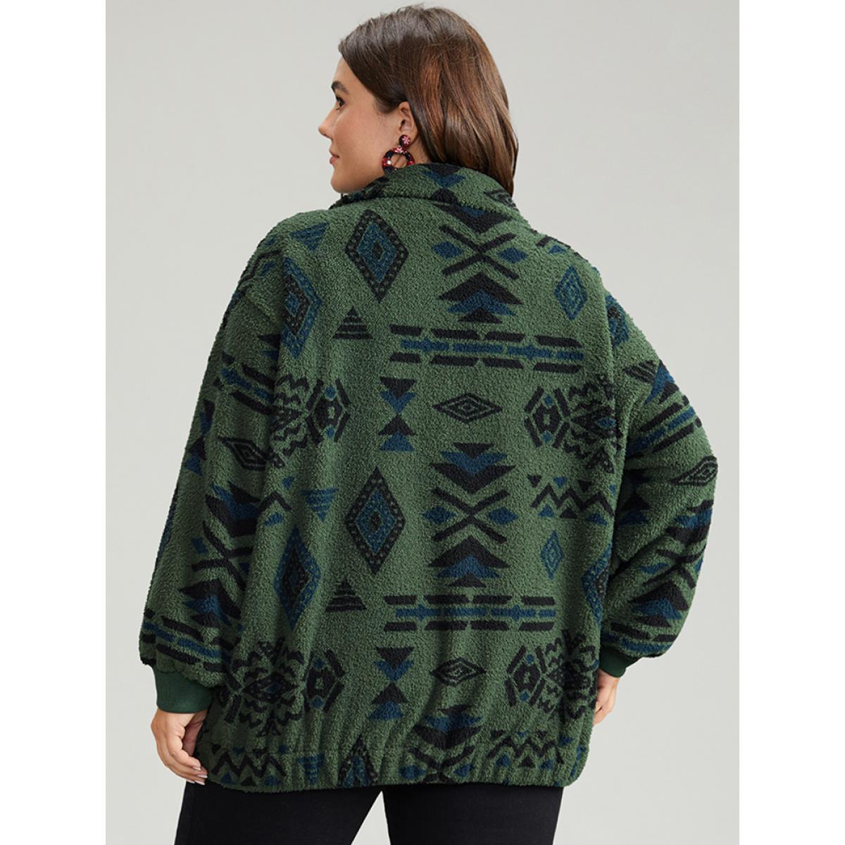 Plus Size Geometric Pocket Gathered Zipper Jacket Women Green Zipper Pocket Dailywear Jackets BloomChic 22-24/3X Product Image