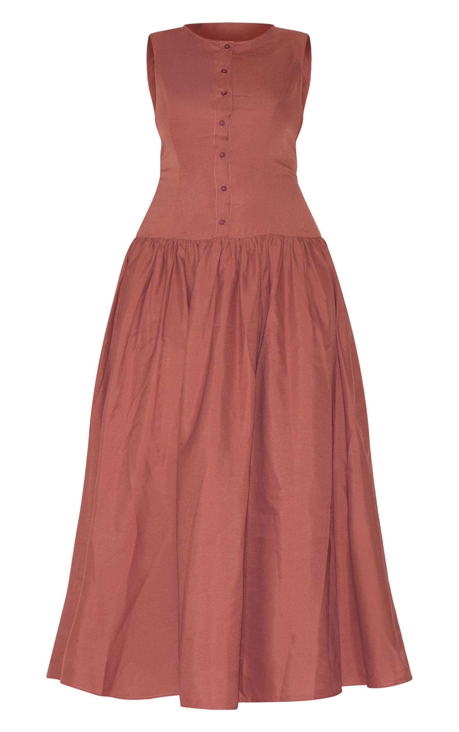 Plus Brown Button Down Drop Waist Maxi Dress Product Image