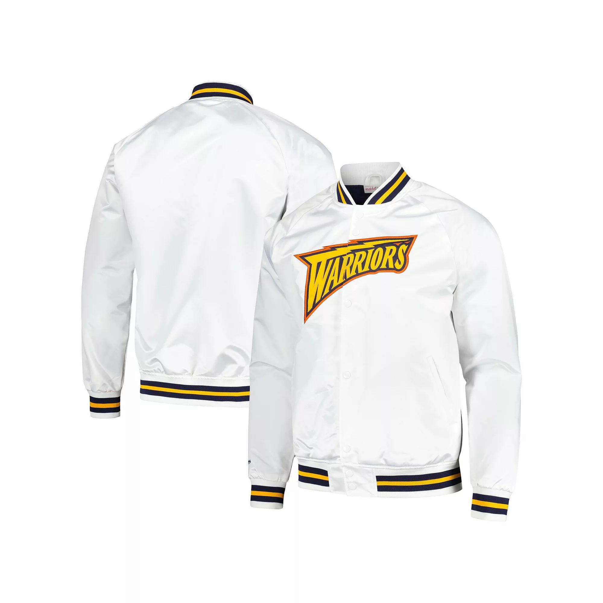 Men's Mitchell & Ness White Golden State Warriors Hardwood Classics  Throwback Wordmark Raglan Full-Snap Jacket, Size: 3XL Product Image