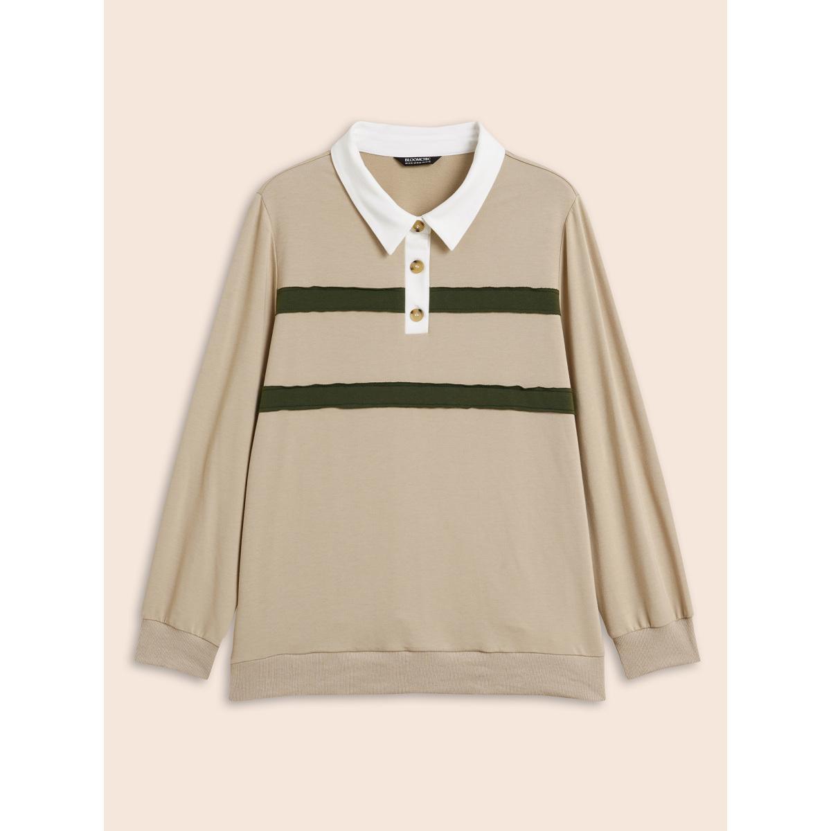 Plus Size Patchwork Contrast Button Up Sweatshirt Women Champagne Casual Contrast Shirt collar Everyday Sweatshirts BloomChic 22-24/3X Product Image
