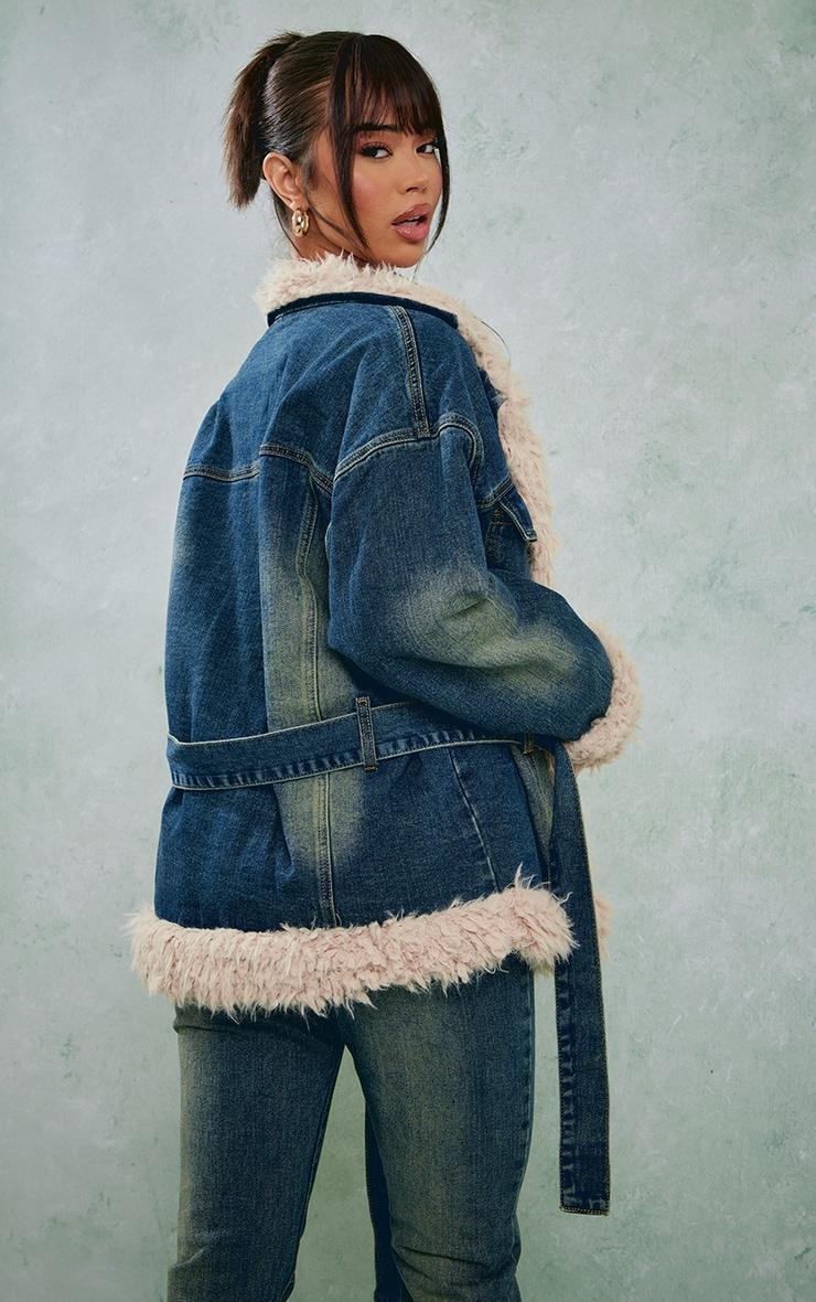 Indigo Vintage Wash Borg Contrast Tie Waist Denim Jacket Product Image