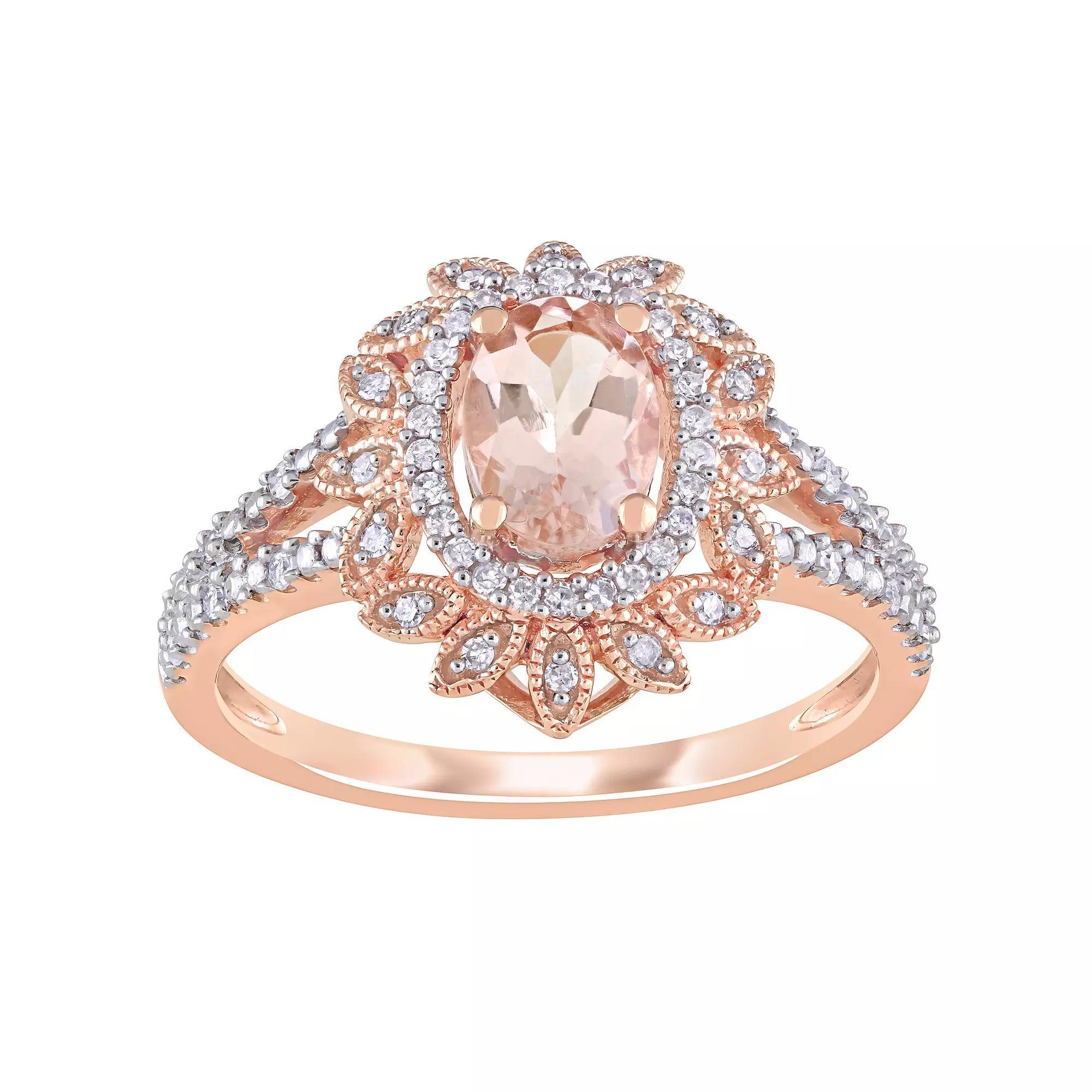 Stella Grace 10k Rose Gold Morganite & 1/5 Carat T.W. Diamond Floral Halo Ring, Women's, Size: 11 Product Image