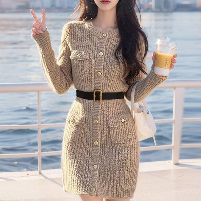 Long Sleeve Round Neck Plain Button Down Cable Knit Mini Sweater Dress Product Image