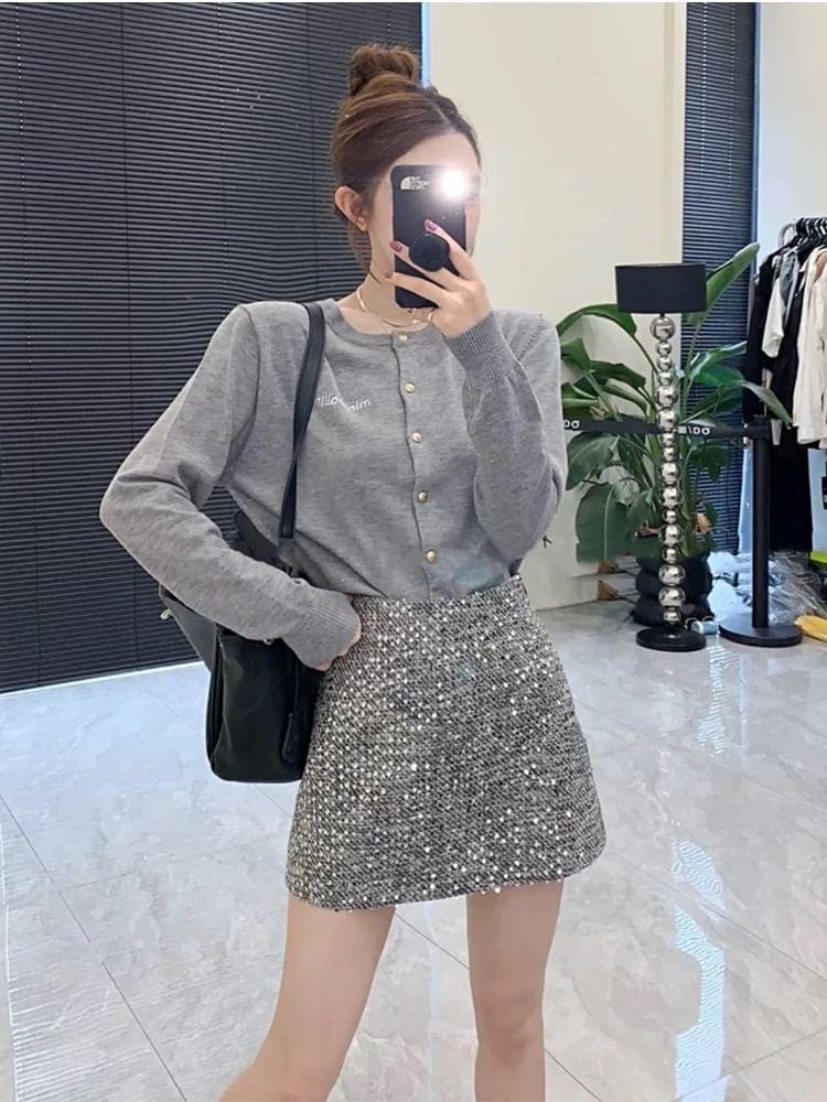 High Waist Sequined A-Line Mini Skirt Product Image