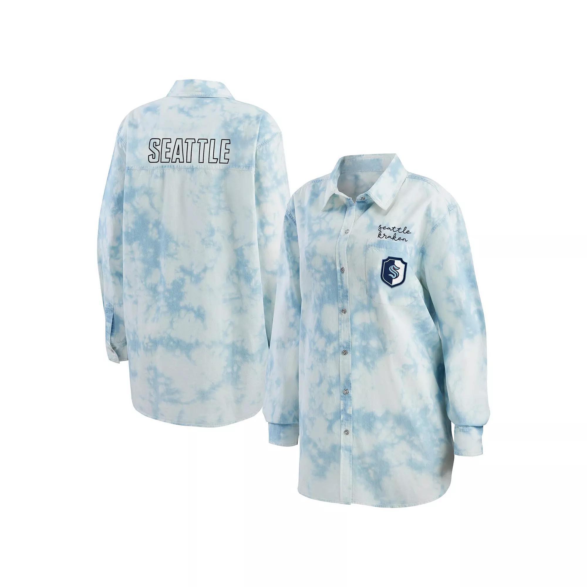 Women's WEAR by Erin Andrews White Vegas Golden Knights Oversized Tie-Dye Button-Up Denim Shirt, Size: XL, Lvk White Product Image