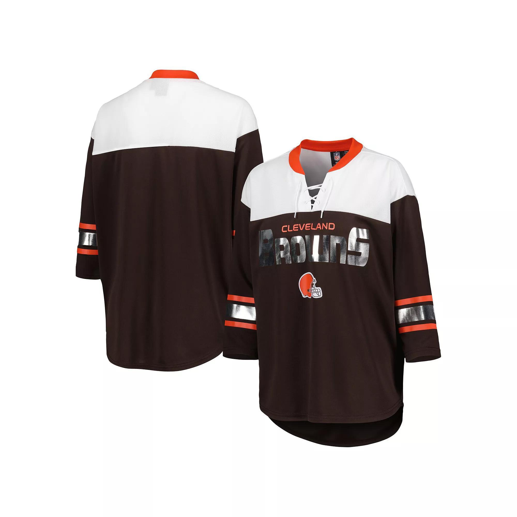 Women's G-III 4Her by Carl Banks Brown/White Cleveland Browns Double Team 3/4-Sleeve Lace-Up T-Shirt, Size: XS Product Image