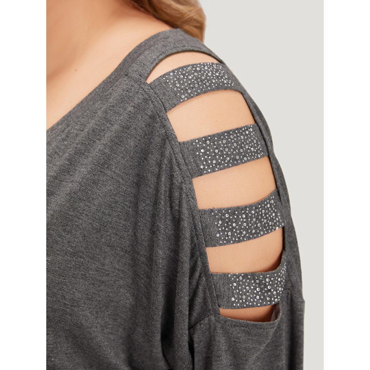 Plus Size Rhinestone Detail Hollow Out V Neck Long Sleeve T-shirt DimGray Women Casual Cut-Out Plain V-neck Dailywear T-shirts BloomChic 30/6X Product Image