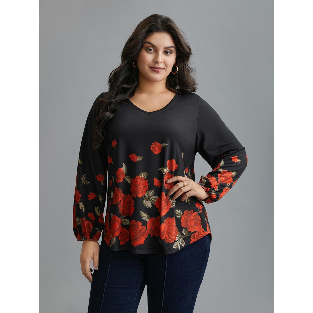 Plus Size Floral Hem V-Neck Stretchy T-shirt Black Women Elegant Contrast Natural Flowers V-neck Everyday T-shirts BloomChic 18-20/2X Product Image