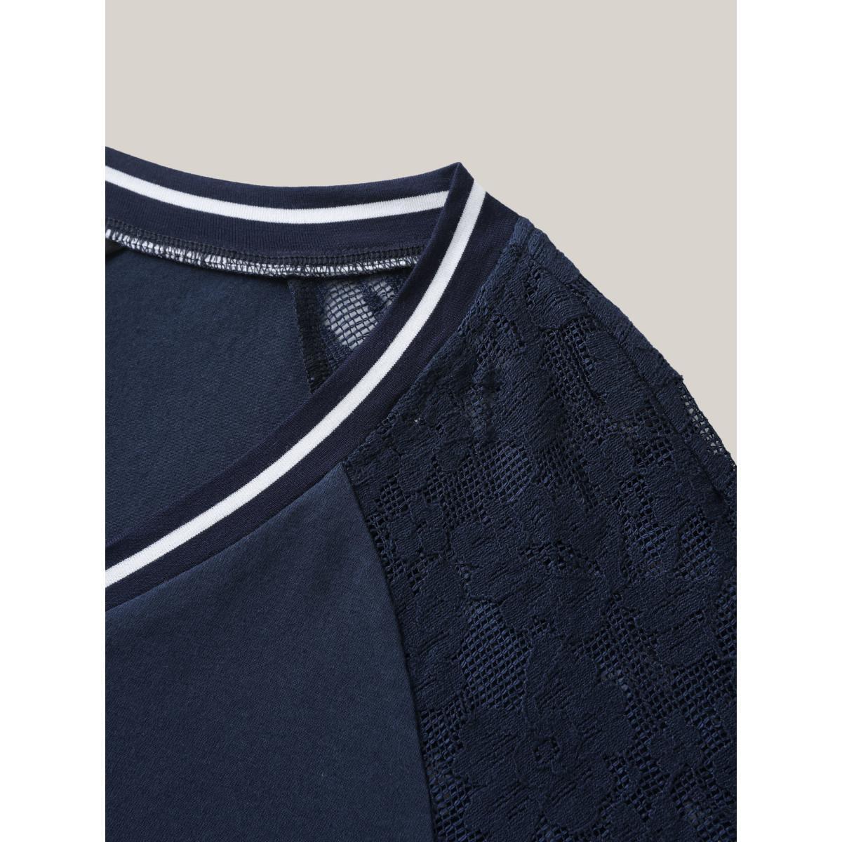 Plus Size Supersoft Sheer Floral Sleeve V-Neck T-Shirt Indigo Women See through V-neck Everyday-Casual T-shirts BloomChic 28/5X Product Image