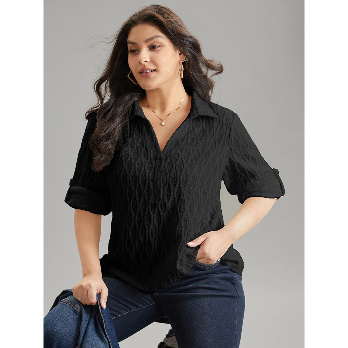 Plus Size Black Plain Shirt Collar Tab Sleeve Jacquard Blouse Women Casual Long Sleeve Shirt collar Work Blouses BloomChic 10/M Product Image