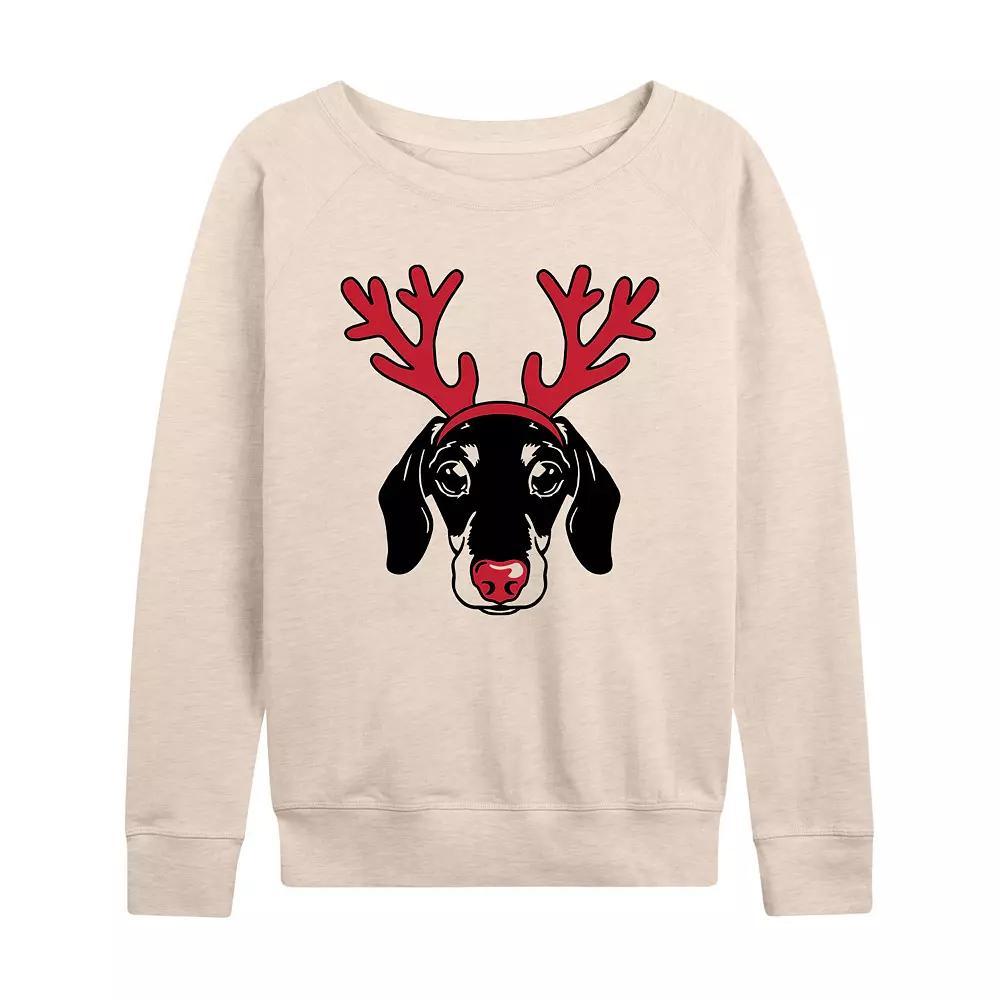 Women's Dachshund Reindeer Antlers French Terry Long Sleeve Tee, Size: Small, Beige Product Image