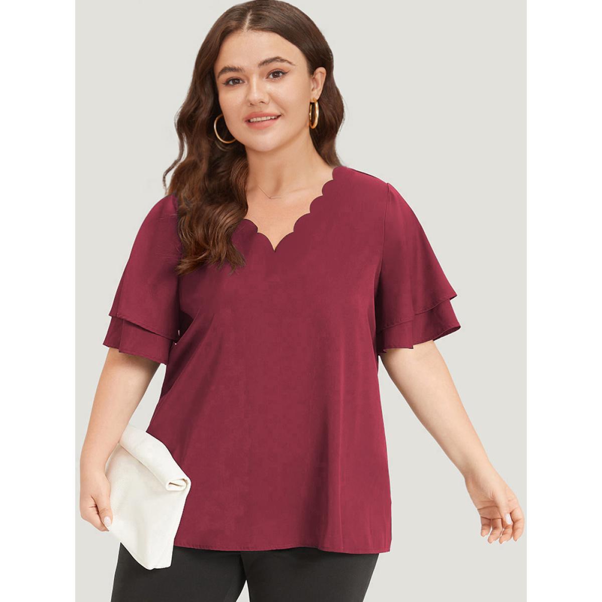 Plus Size Scarlet Plain Curved Trim Flutter Sleeve Layered Blouse Women Office Short sleeve V-neck Work Blouses BloomChic 10/M Product Image