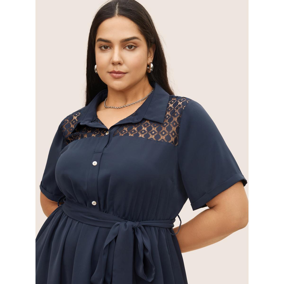 Plus Size Plain Lace Patchwork Belted Cuffed Sleeve Dress DarkBlue Women At the Office Non Shirt collar Short sleeve Curvy Midi Dress BloomChic 22-24/3X Product Image