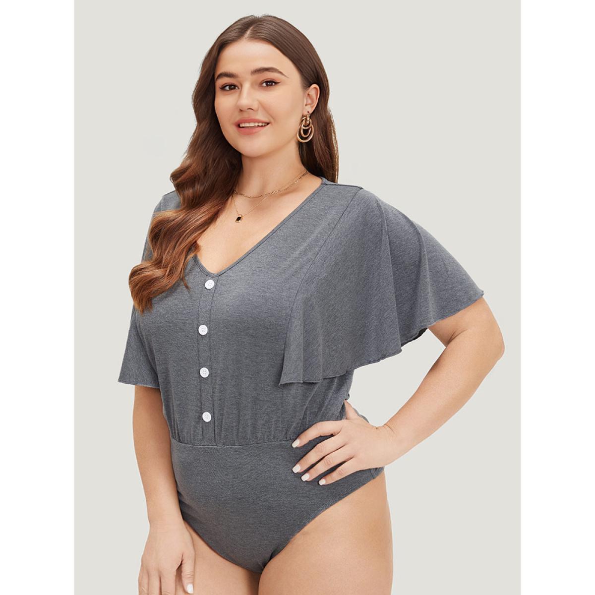 Plus Size Plain Button Detail Flutter Sleeve Bodysuit Women DimGray Plain Elastic Waist Bodysuits BloomChic 28/5X Product Image