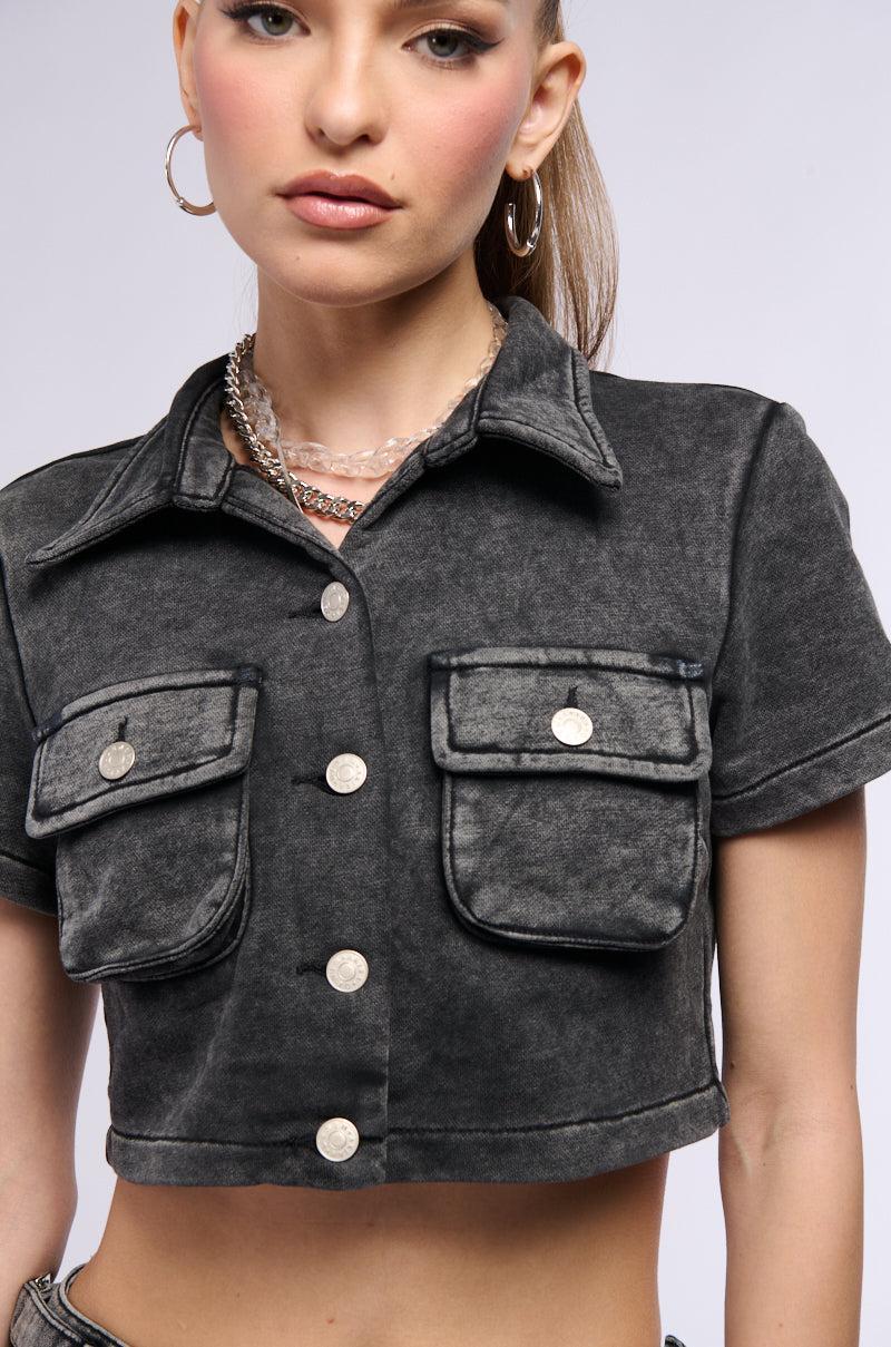 WORK FOR IT MINERAL WASHED SHORT SLEEVE BUTTON DOWN IN GREY Product Image