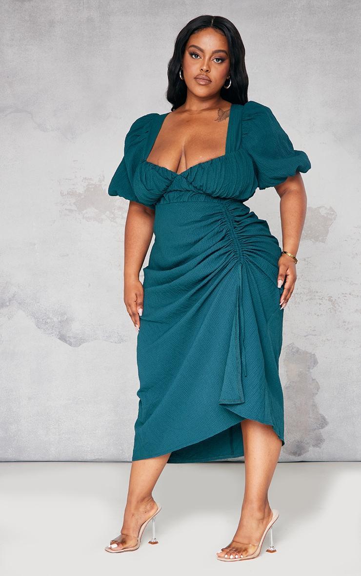 Plus Emerald Green Puff Sleeve Ruched Side Split Midi Dress Product Image