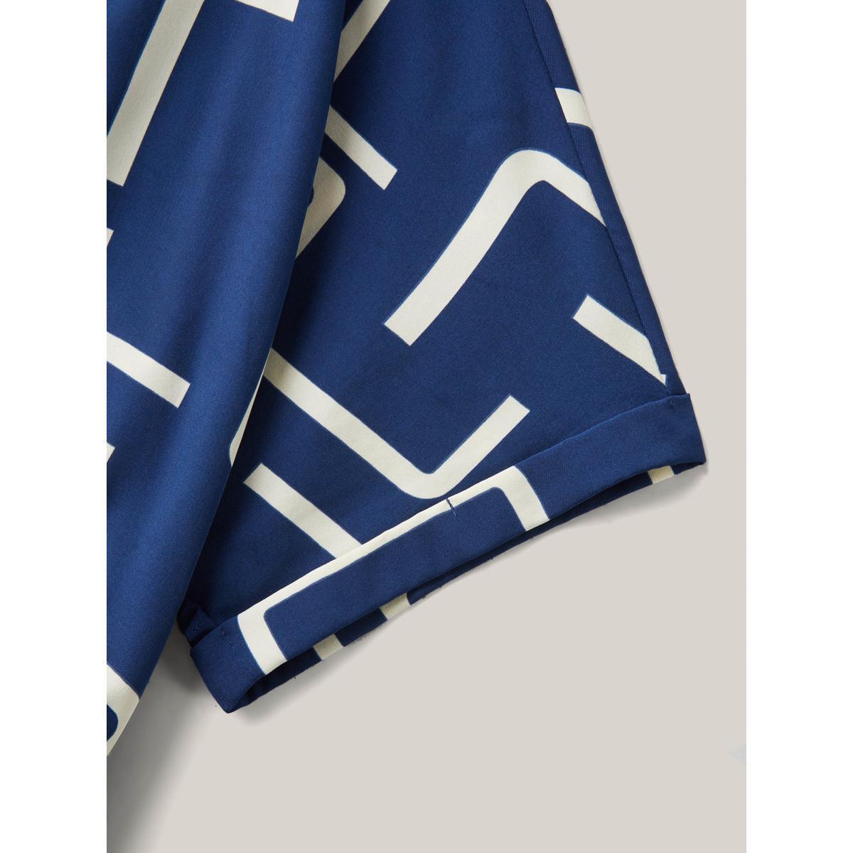 Plus Size Geometric Print Curved Hem Midi Dress Navy Women Flat collar with V-notch Short sleeve Curvy BloomChic 14-16/1X Product Image