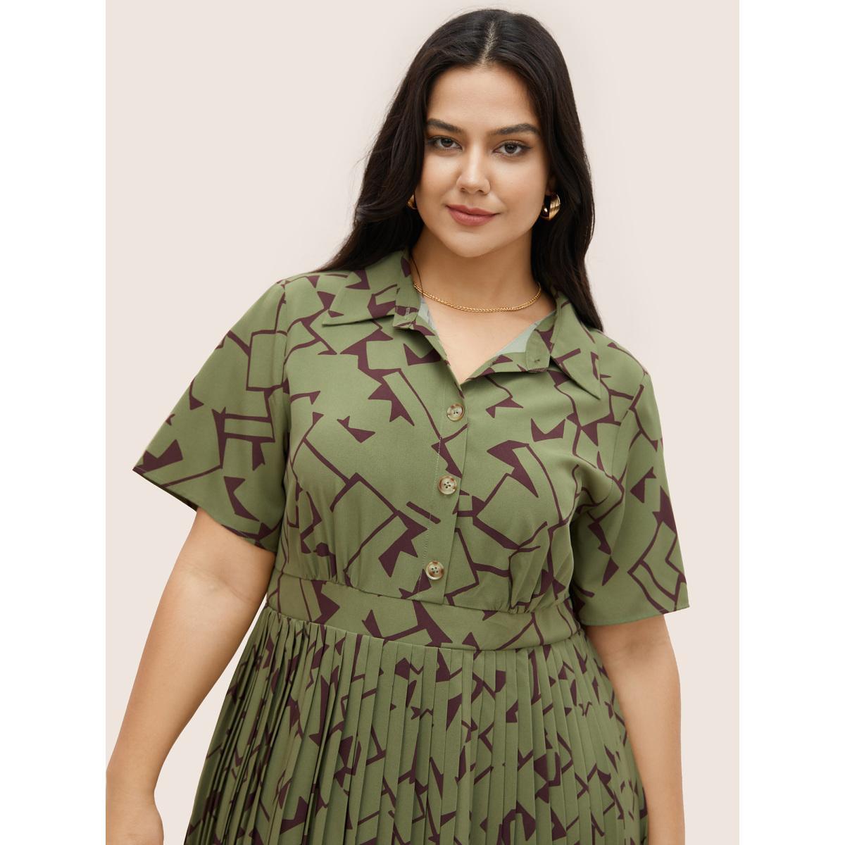 Plus Size Shirt Collar Geometric Button Up Pleated Dress Moss Women At the Office Pleated Shirt collar Short sleeve Curvy Midi Dress BloomChic 14-16/1X Product Image
