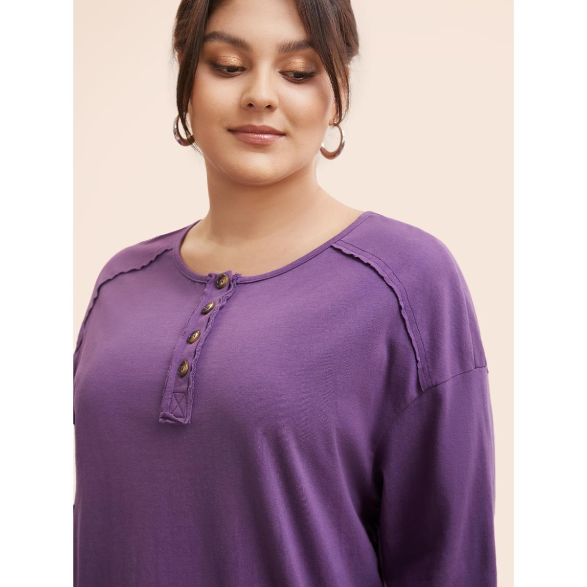 Plus Size Vintage Button Up Drop Shoulder T-shirt Deeppurple Women Casual Button Round Neck Everyday T-shirts BloomChic 22-24/3X Product Image