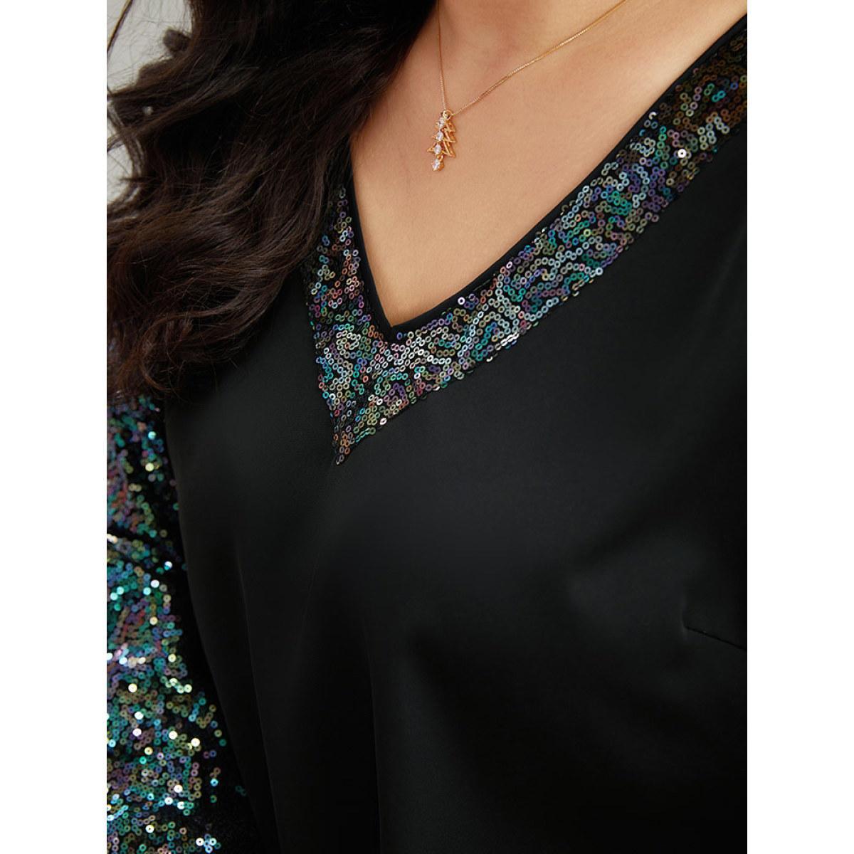 Plus Size Black Sequin Patchwork V Neck Blouse Women Glamour Long Sleeve V-neck Going out Blouses BloomChic 12/L Product Image