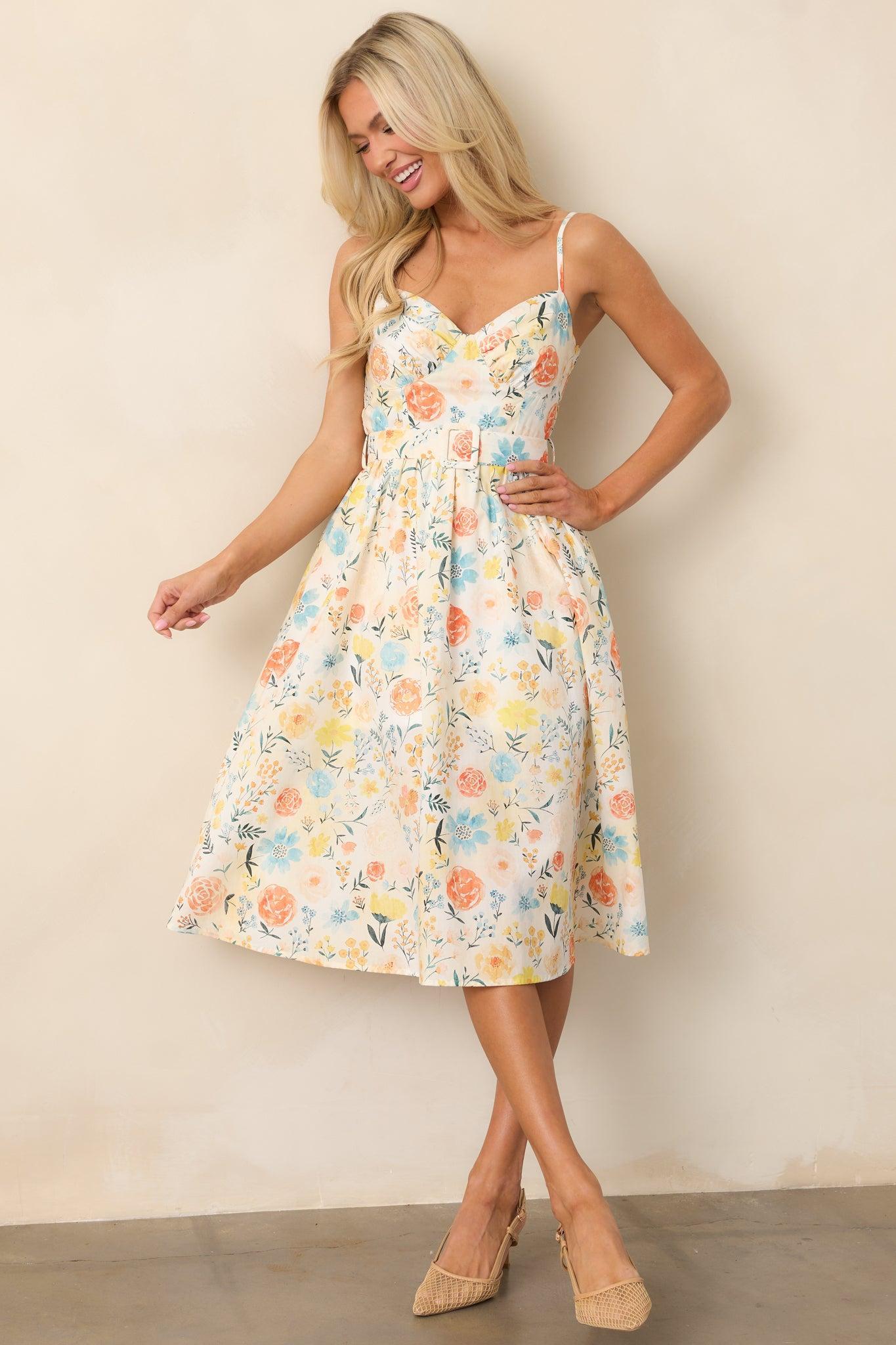 Garden Harvest Ivory Floral Belted Cotton Midi Dress Product Image
