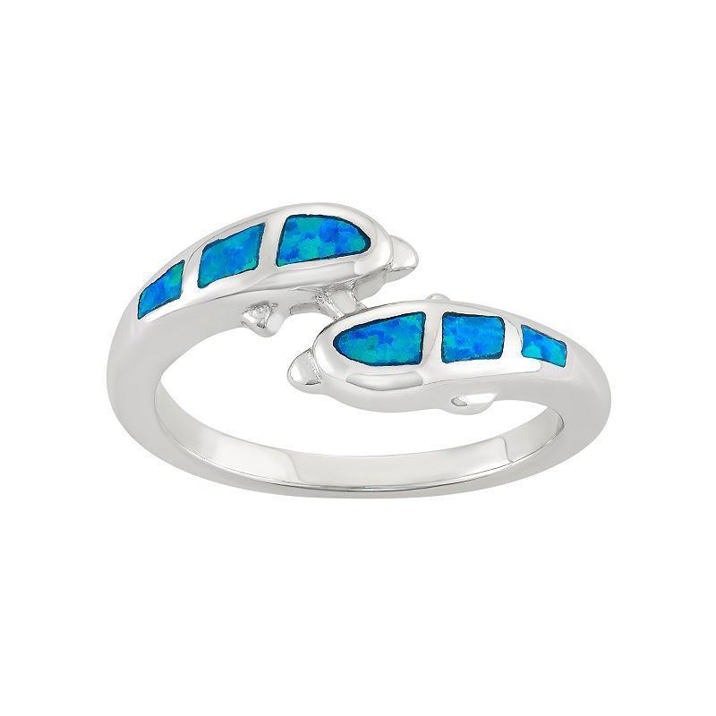 Lab-Created Blue Opal Sterling Silver Dolphin Bypass Ring, Womens Product Image