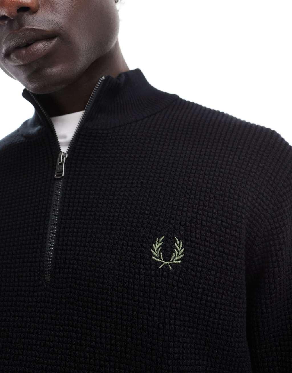 Fred Perry waffle stitch knit half zip sweater in black Product Image