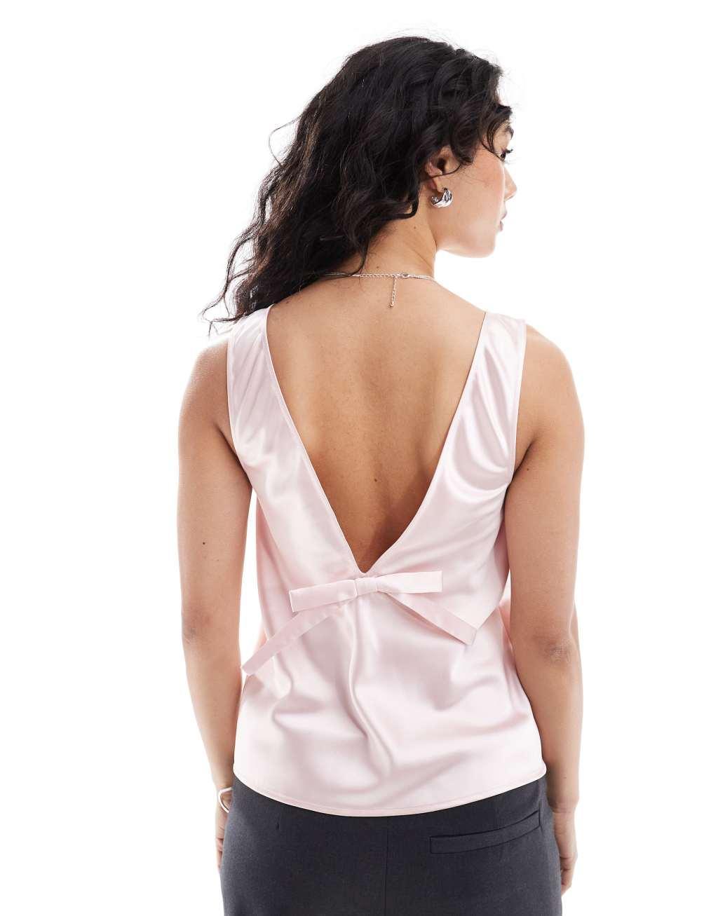 ASOS DESIGN satin bow back cami top in pink Product Image