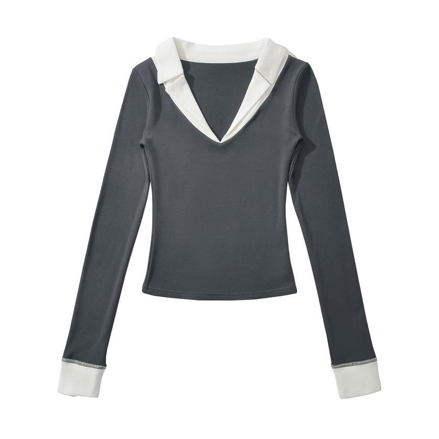 Mock Two-Piece Long-Sleeve Two Tone Collared Top Product Image