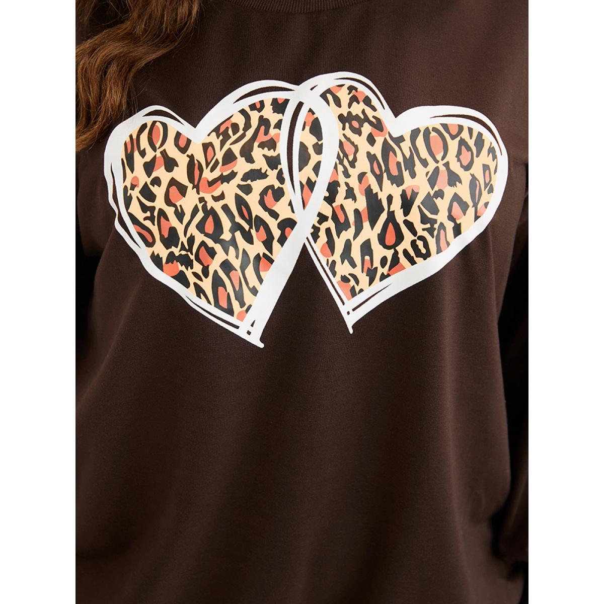 Plus Size Heart & Leopard Print Drop Shoulder Sweatshirt Women DarkBrown Casual Plain Round Neck Dailywear Sweatshirts BloomChic 18-20/2X Product Image