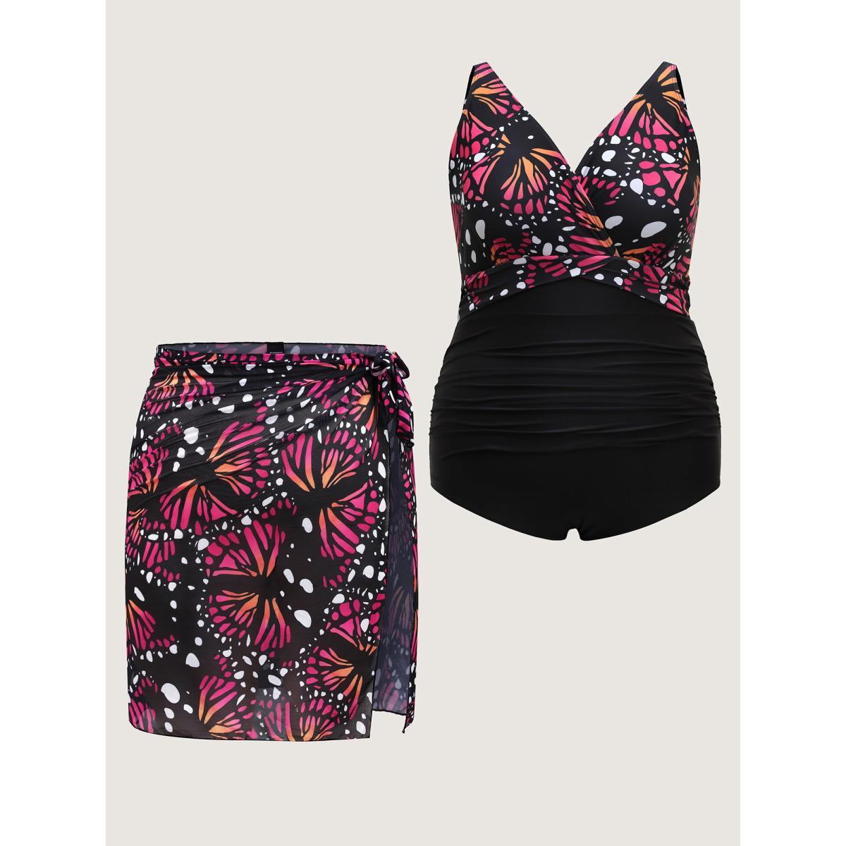 Plus Size Two-Piece Butterfly Pattern Sarong Swimsuit Women's Swimwear Multicolor Beach Curve Bathing Suits High stretch One Pieces BloomChic 30/6X Product Image