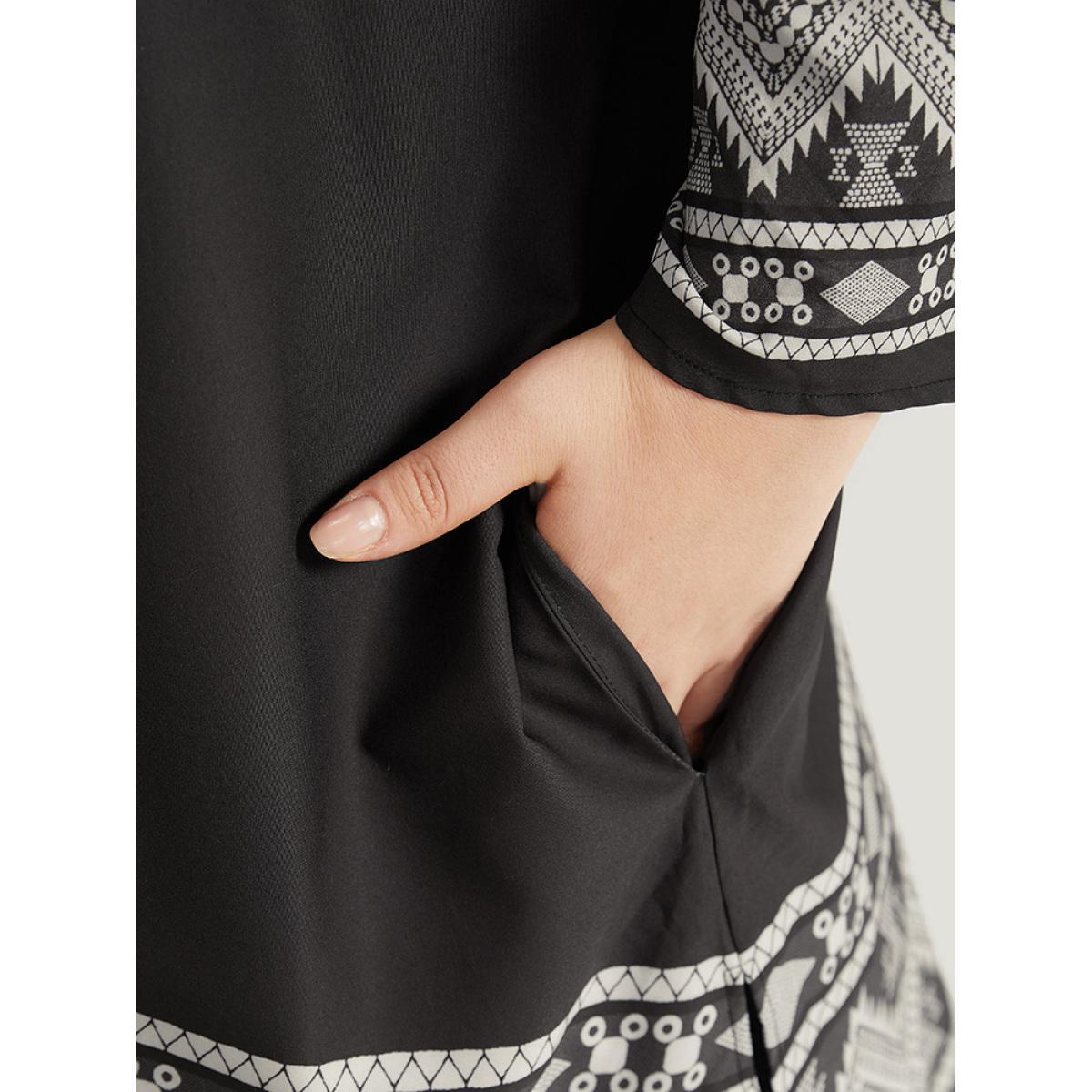 Plus Size Boho Print Open Front Pocket Split Hem Kimono Women Black Casual Printed Loose Pocket Dailywear Kimonos BloomChic 26/4X Product Image